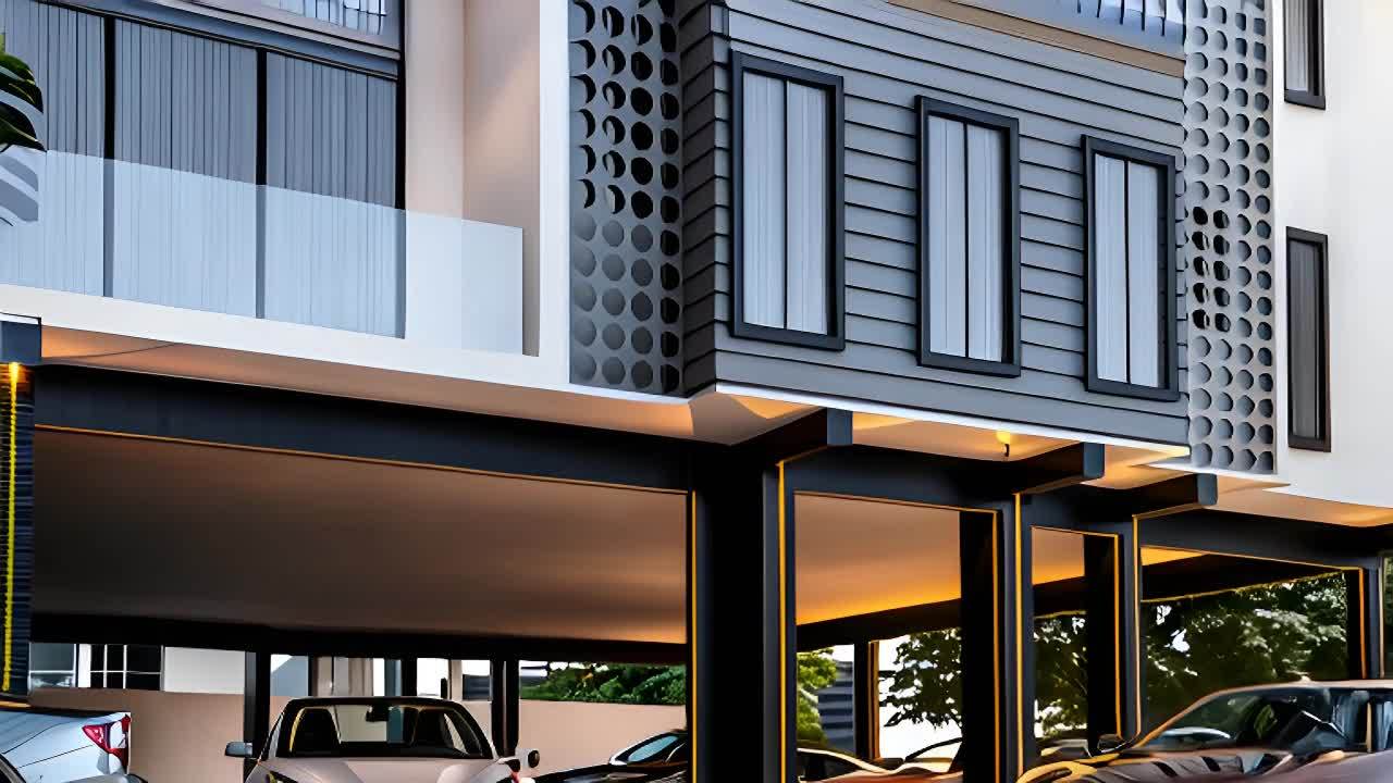 高大的建筑伫立，其正面沐浴在阳光下。镜头从建筑顶部