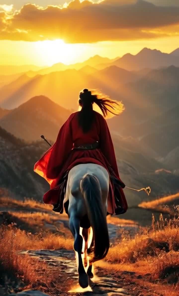 红衣骑马者行于山间，夕阳余晖映照着山峦。