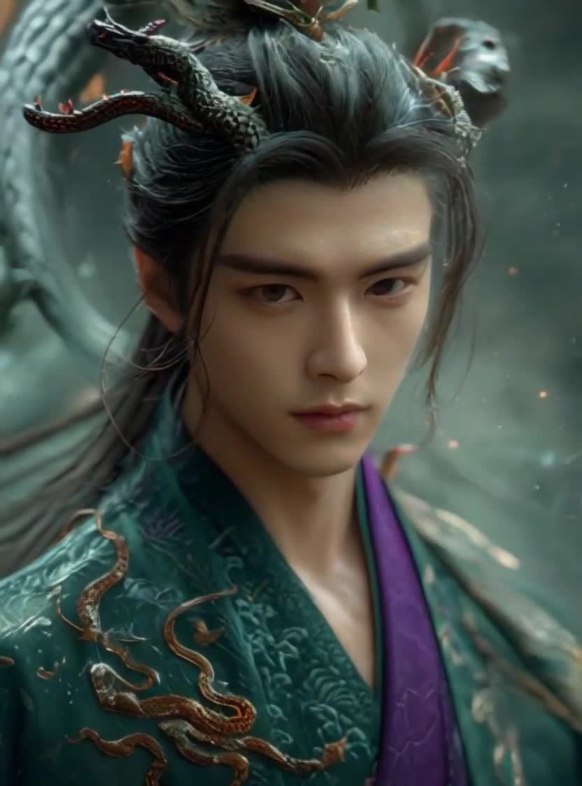古风俊美男子，头戴蛇形饰，绿衣汉服，仙境背景