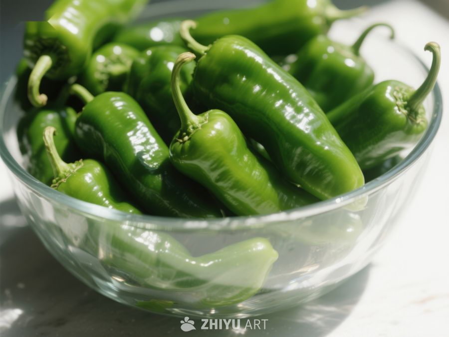 新鲜青椒盛于透明玻璃碗中 511