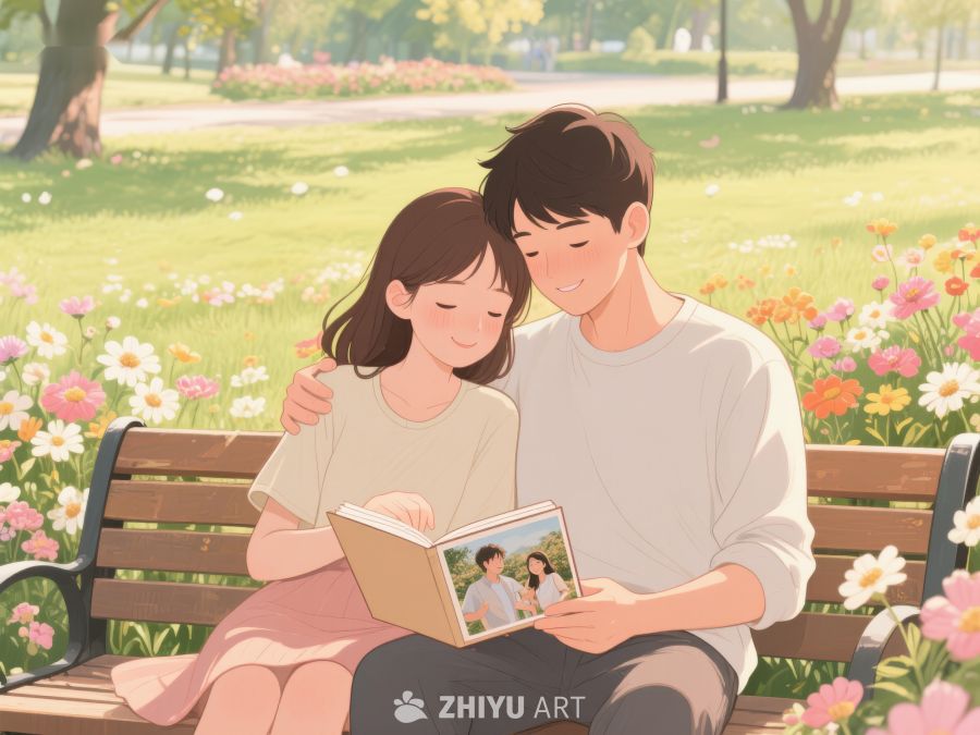 公园长椅上共读相册的温馨时刻 185
