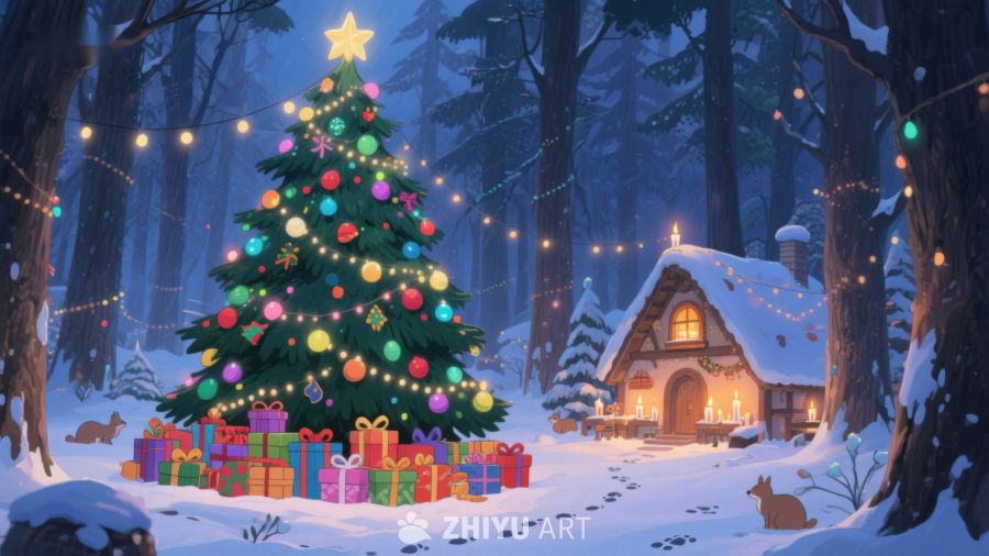 森林中的圣诞树与小屋 180