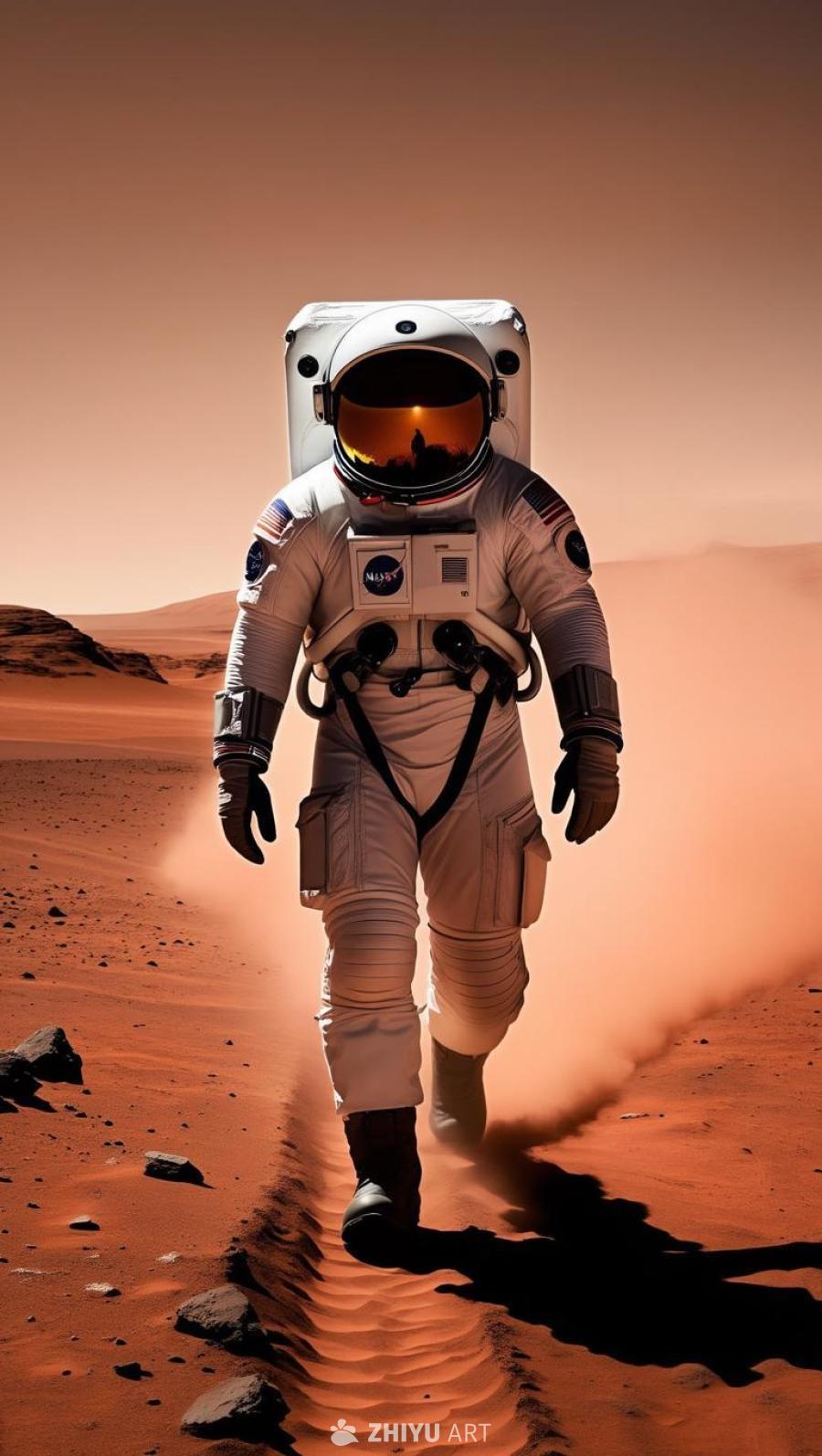火星荒凉的红色地貌上，一个穿着白色宇航服的宇航员正