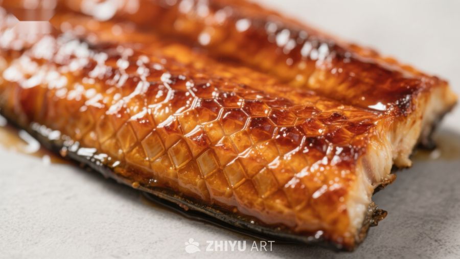 烤鳗鱼特写，表面焦糖色光泽