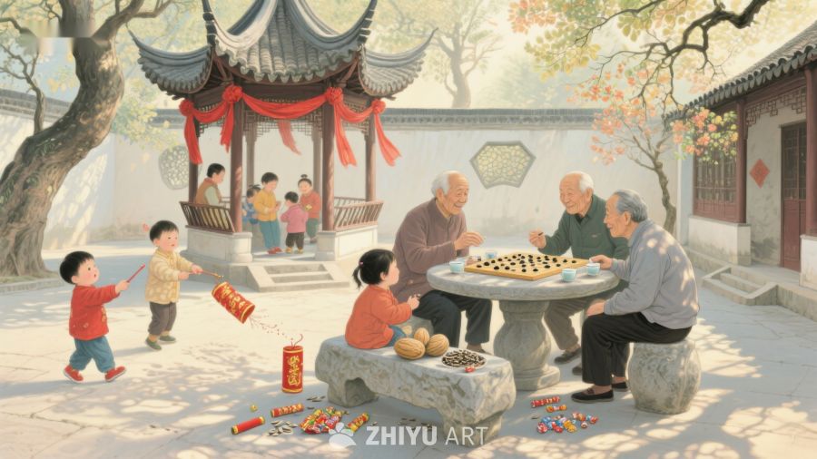 庭院中老少同乐的温馨场景 858