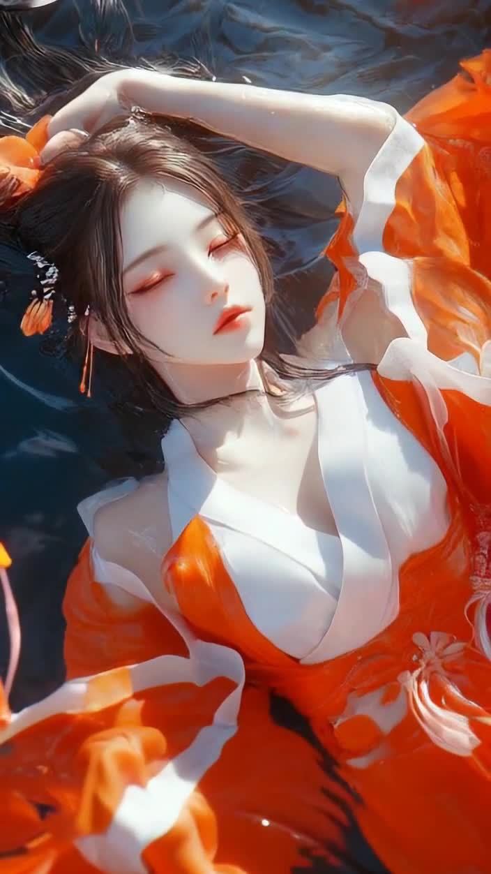 水面女子，身着白橘服饰，闭目休憩，唯美意境。
