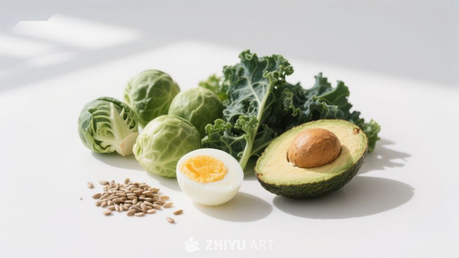 健康食材组合：牛油果、鸡蛋与绿叶蔬菜