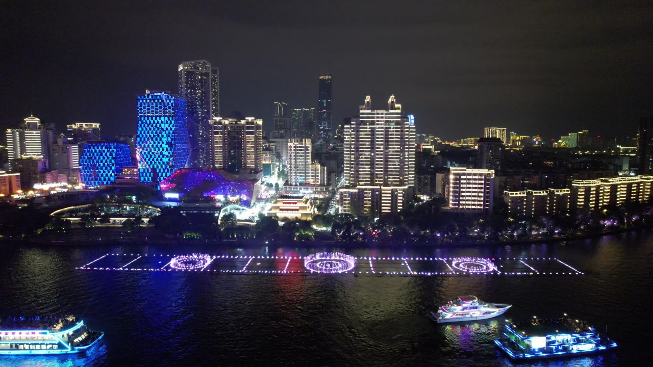  广西柳州音乐喷泉夜景航拍