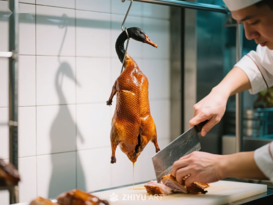 厨师切割悬挂的烤鸭 85