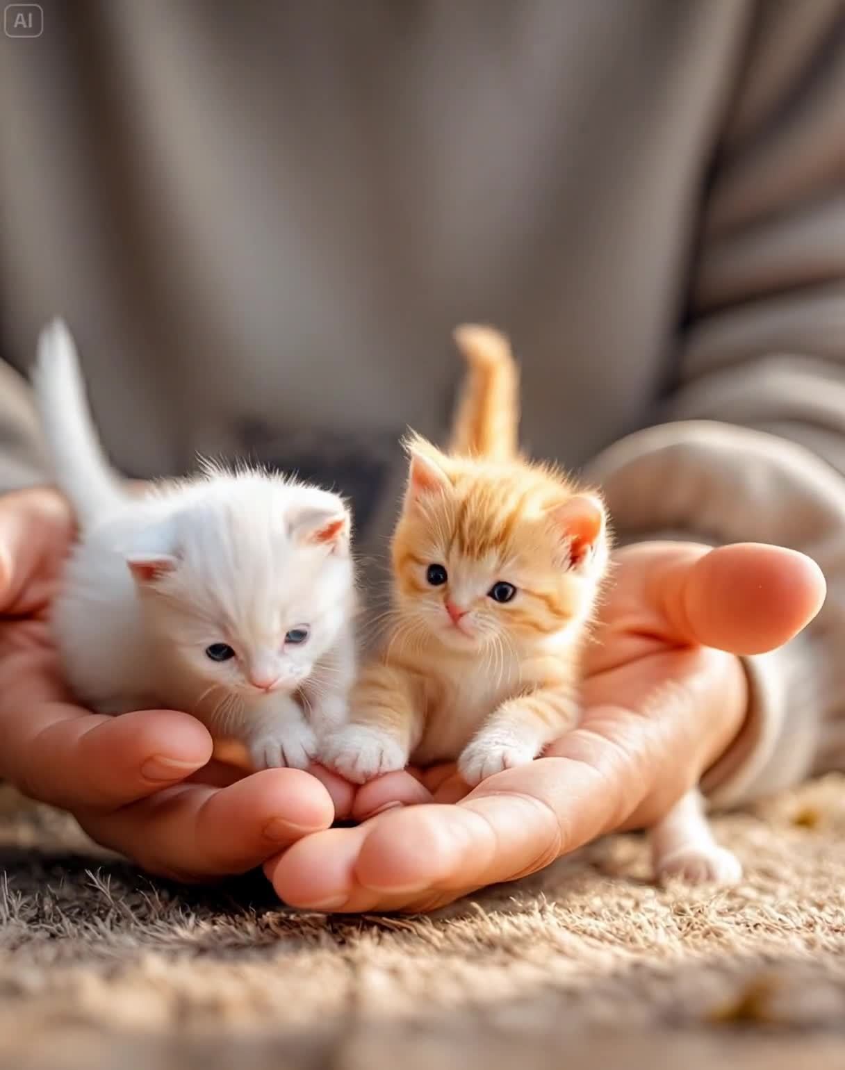 两只可爱小猫咪手掌中依偎，特写温馨画面。