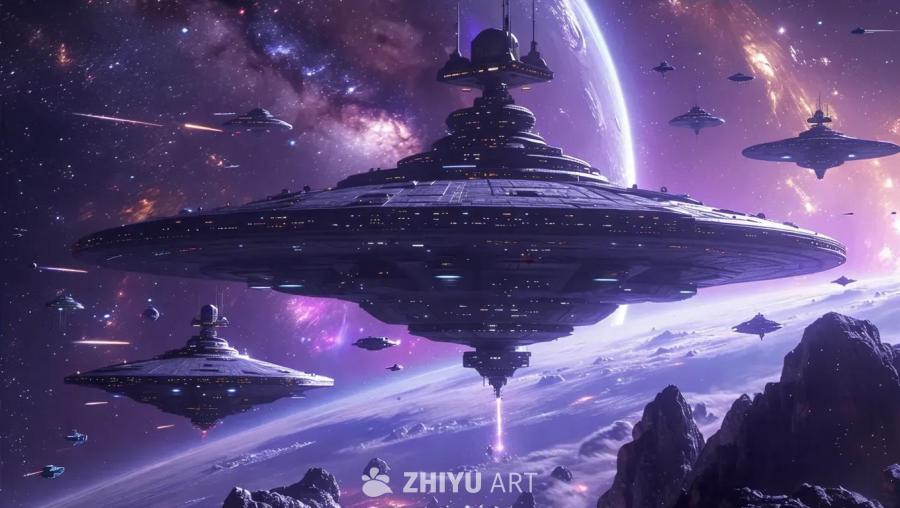 太空中，一座建立在巨大小行星上的空间站，周围环绕着