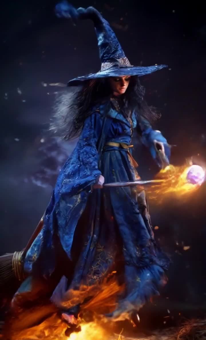 蓝色长袍女巫手持法杖，火焰扫帚，魔幻氛围