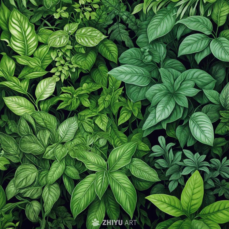 郁郁葱葱的绿色壁纸上布满了各种树叶植物和绿色植物。