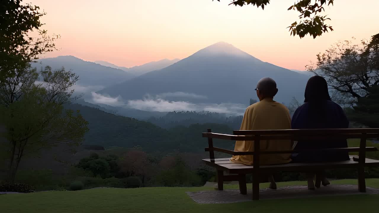 两个人坐在木质长椅上，背对着镜头。其中一人穿着黄色