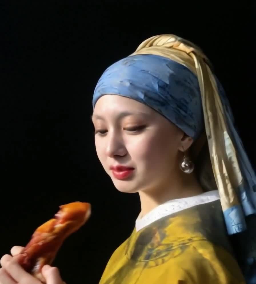 戴珍珠耳环的少女肖像画：蓝头巾黄布，柔光深色背景