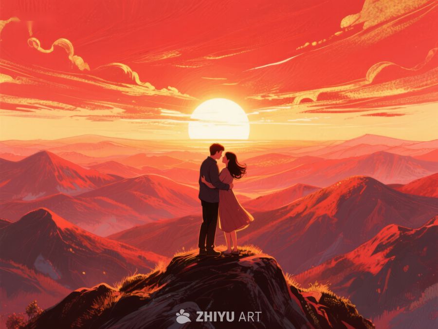 山顶情侣拥抱，夕阳映照山峦 637