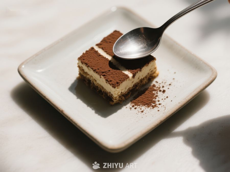 提拉米苏甜点与银勺