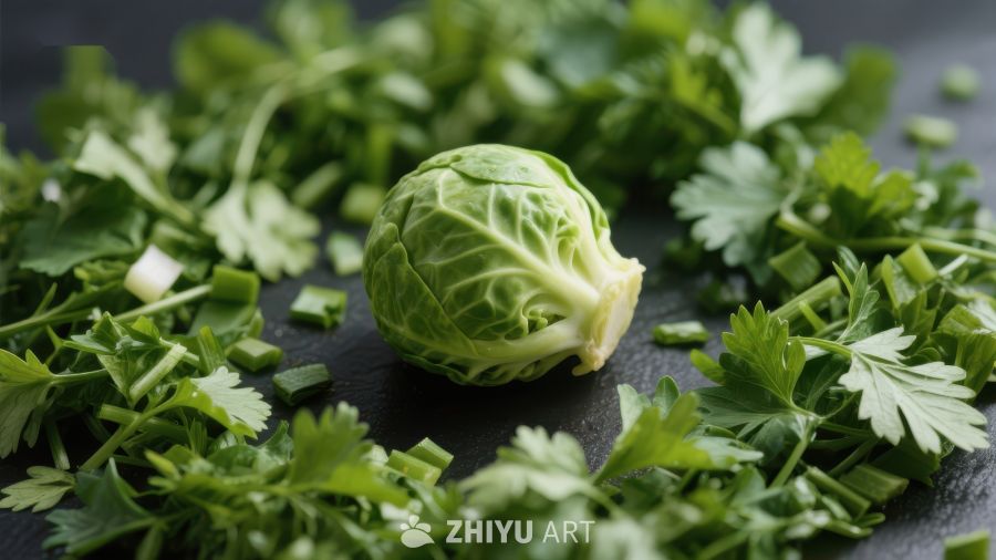 新鲜抱子甘蓝与香菜环绕