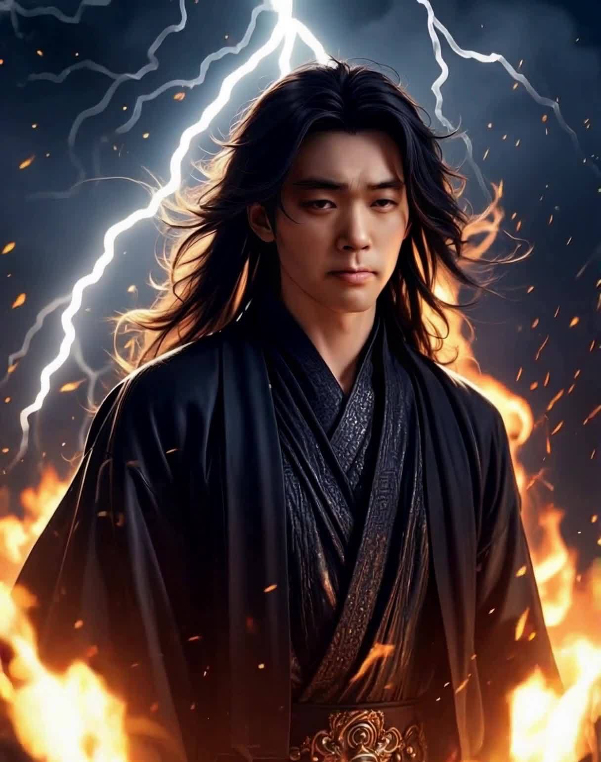 闭目男子身着黑袍，火焰雷电交织的震撼画面