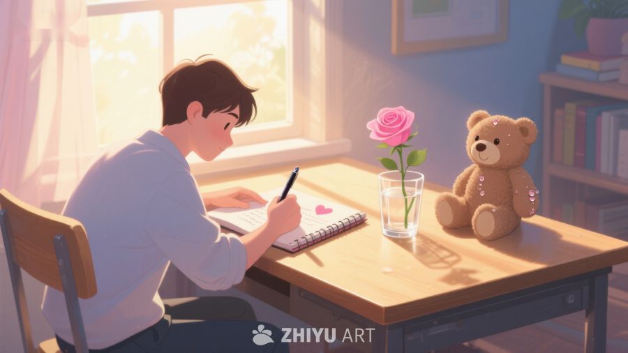 窗边少年专心写作，桌上玫瑰与熊陪伴 96
