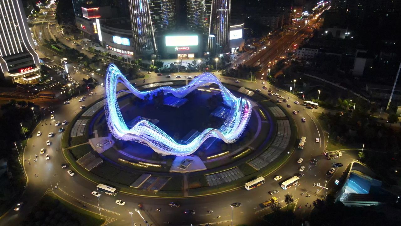 湖北武汉光谷广场夜景交通转盘航拍