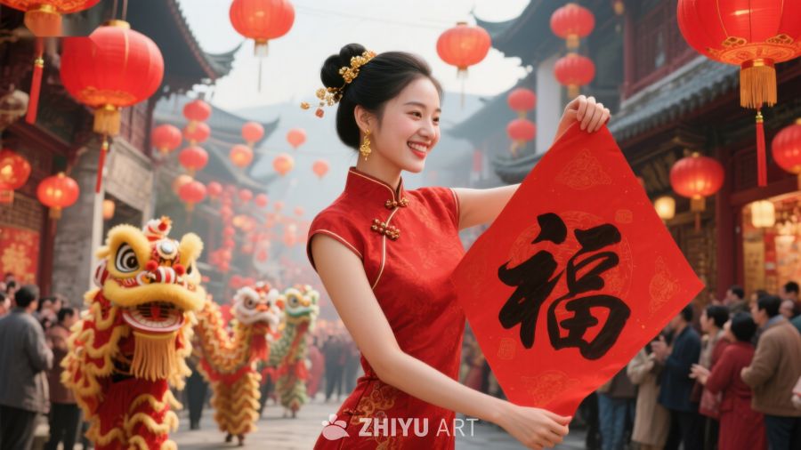 女子手持福字，欢庆传统节日 724