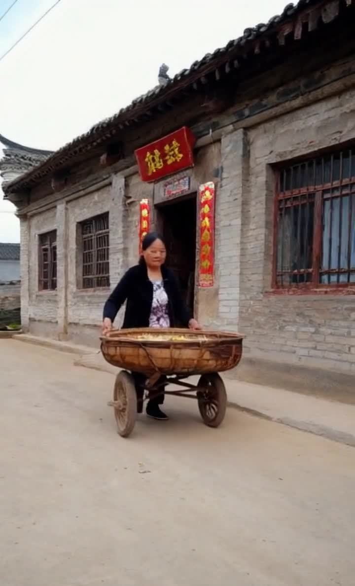 乡村妇女推着货车，门口挂着红色牌匾。