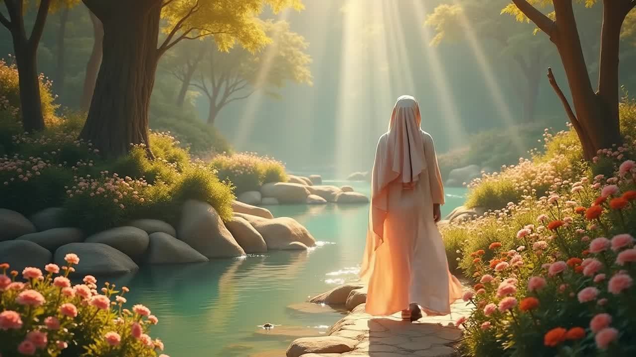 一位戴着白色头巾的女士走在森林边一条多石的小路上。