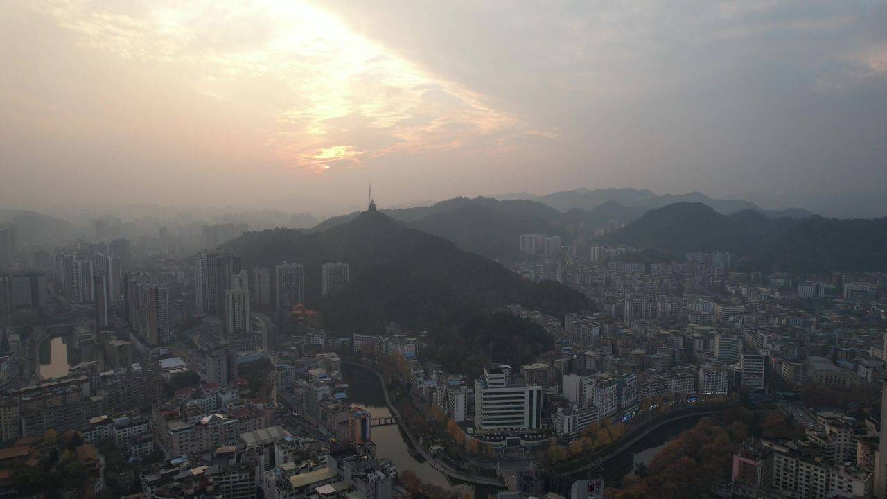 贵州遵义城市日落晚霞夕阳航拍