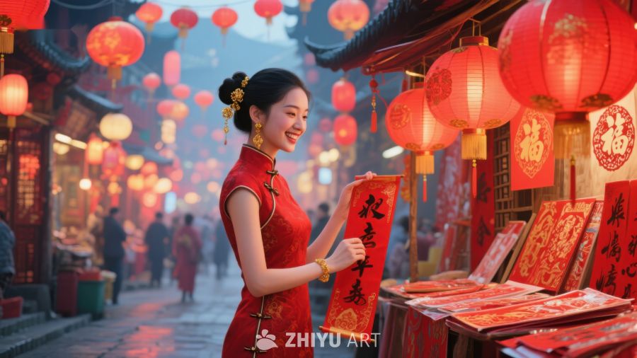 女子手持春联，街头灯笼高挂迎新春 719