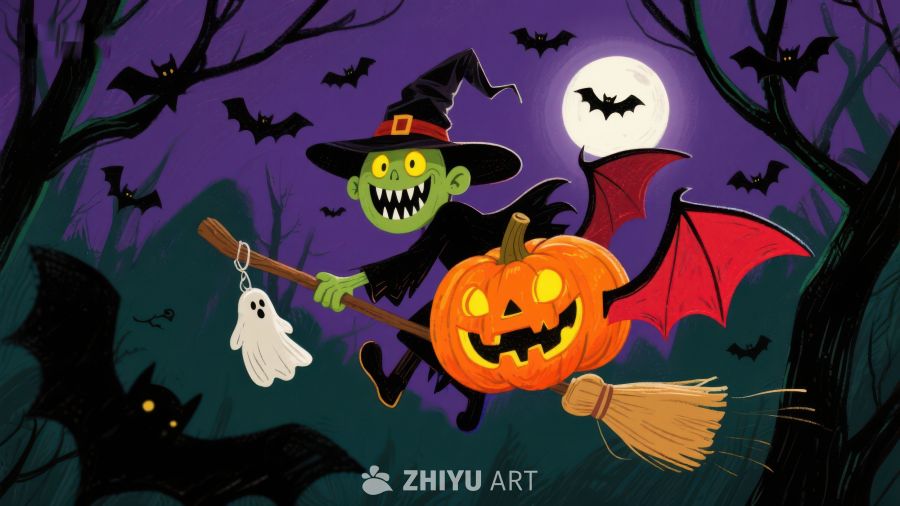 万圣节夜景：小巫师与南瓜灯