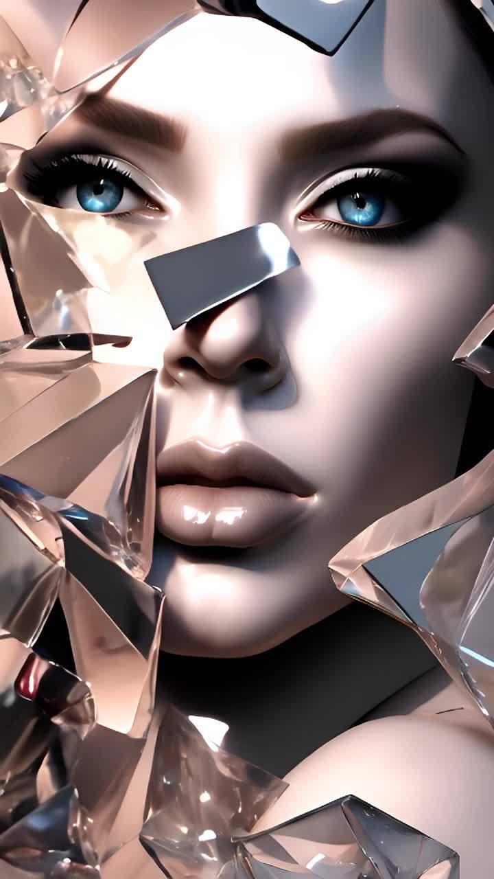 一个蓝眼睛的女人，脸部被闪烁的玻璃结构部分遮挡。玻