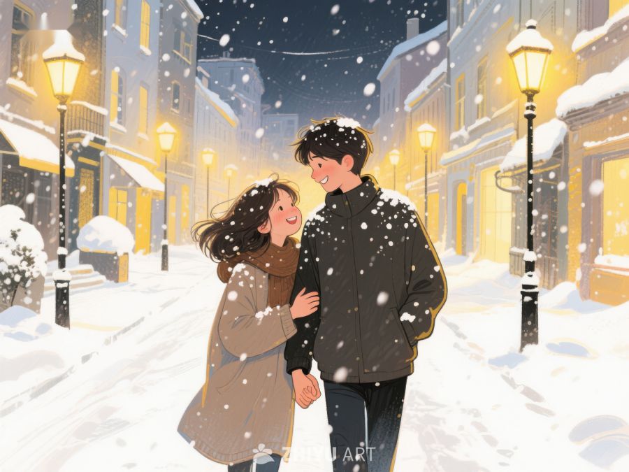 雪夜街头的温馨时刻 976
