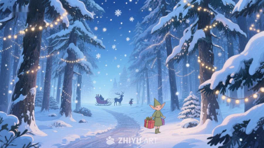雪夜森林中的精灵与驯鹿 342