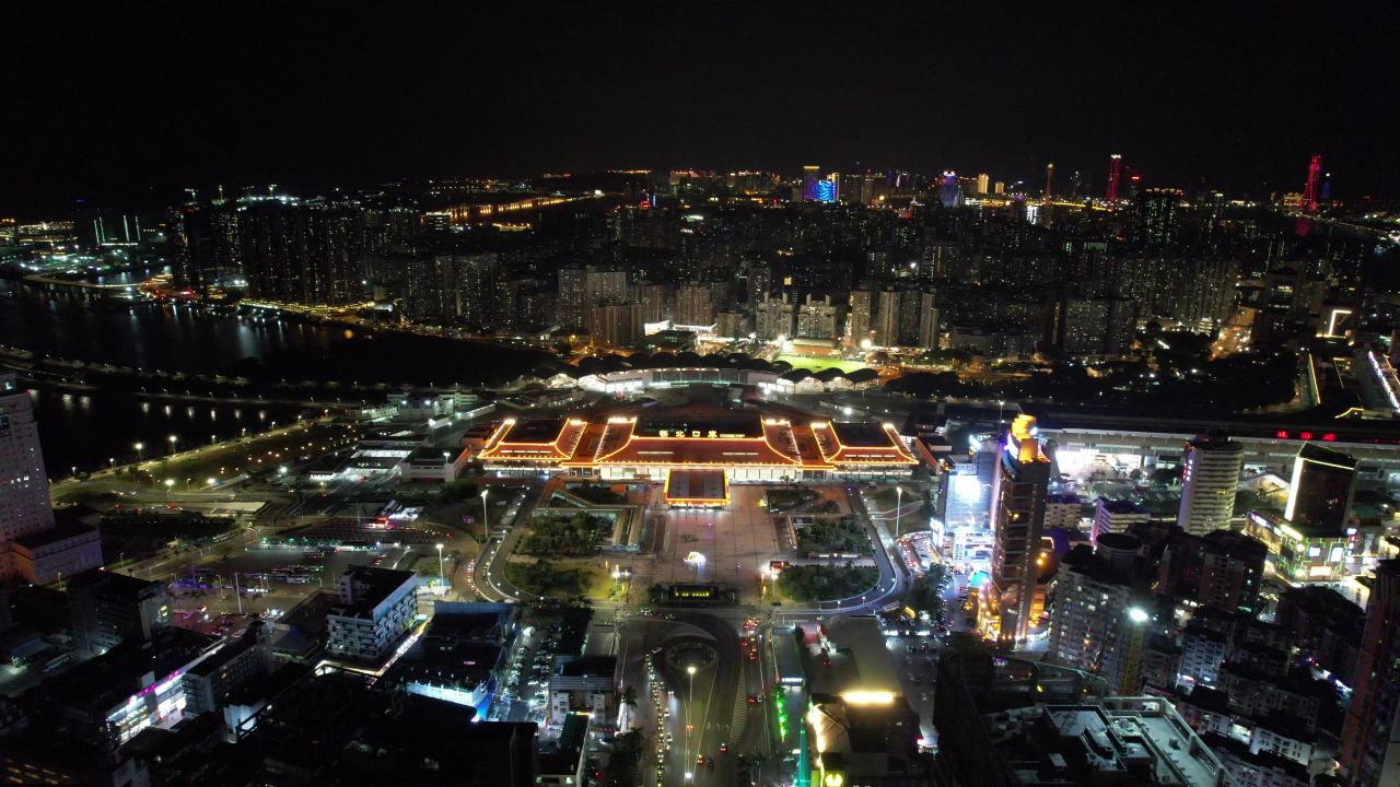 广东珠海拱北口岸夜景灯光航拍