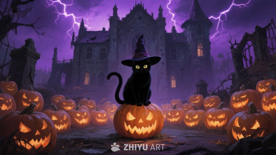万圣夜黑猫与南瓜灯