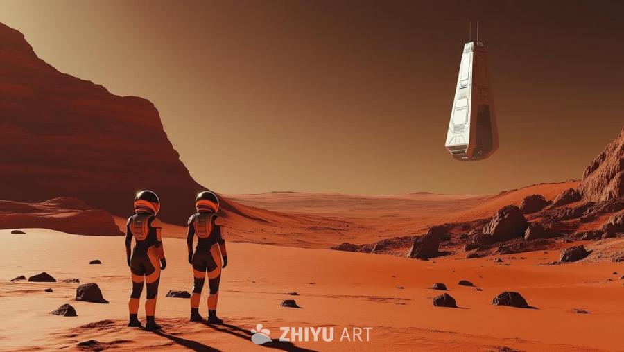 红色沙丘和岩石构成火星地表，天空呈暗红色。两名身穿