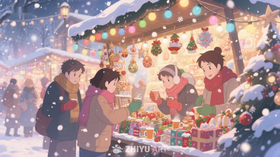 冬日圣诞市场温馨购物场景 16