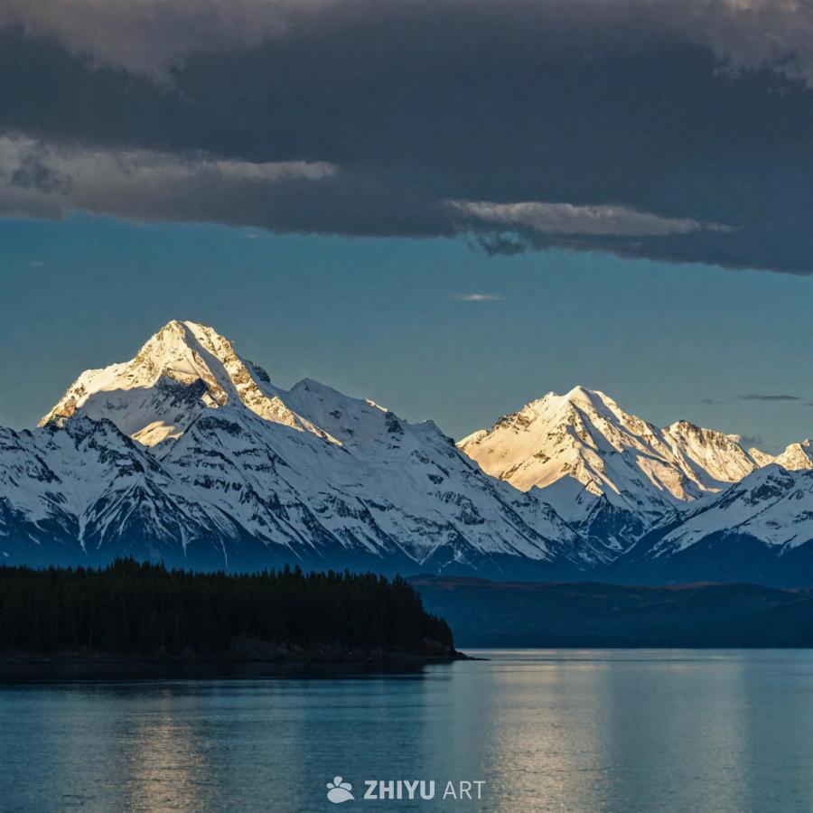 平静的水面上倒映着周围的景色，背景是雄伟的雪山，山