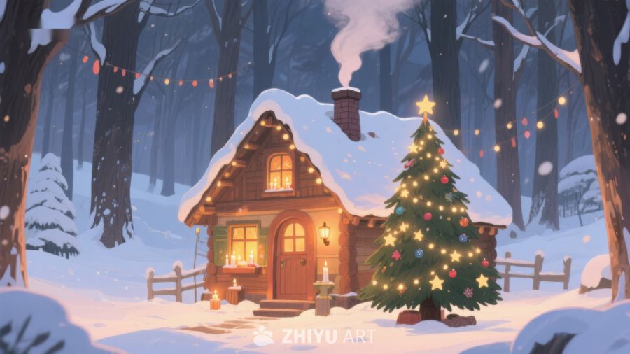 雪夜森林中的温馨小屋 398