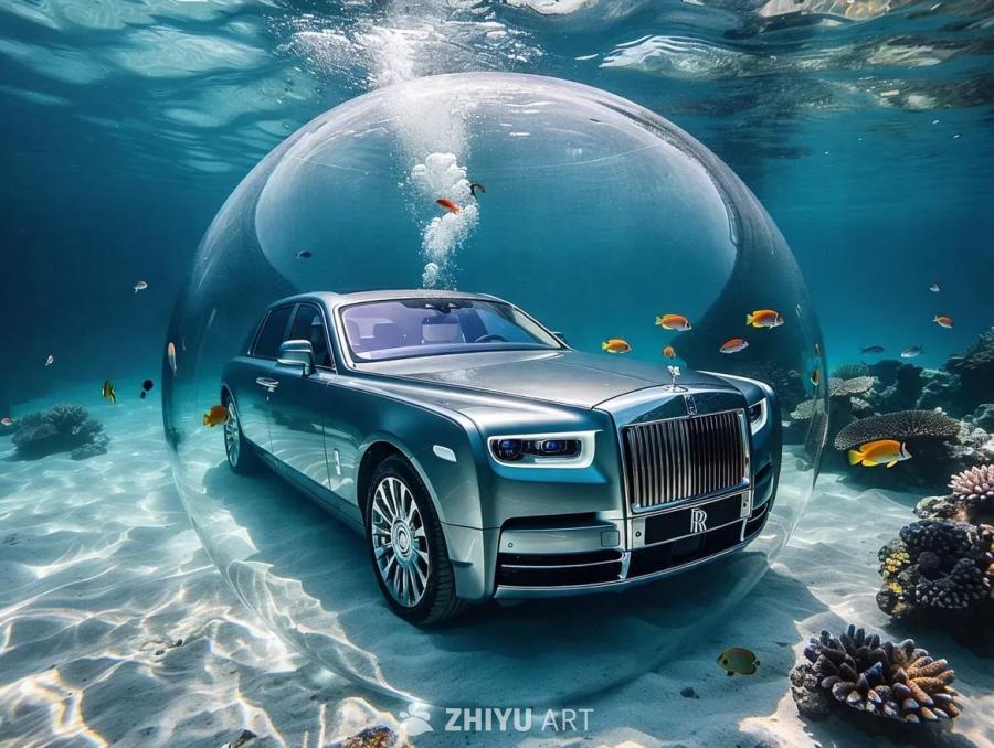 一辆豪华汽车浸没在海洋深处，被空灵的光芒照亮。汽车
