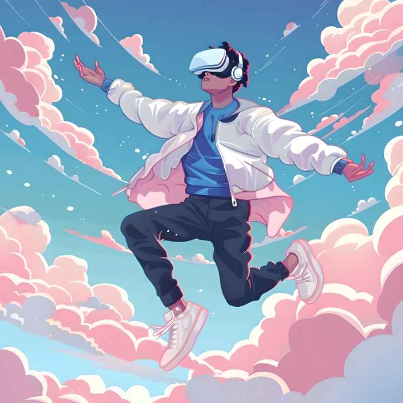 一个戴着VR眼镜的年轻人在空中飞翔，平面插画风格 2