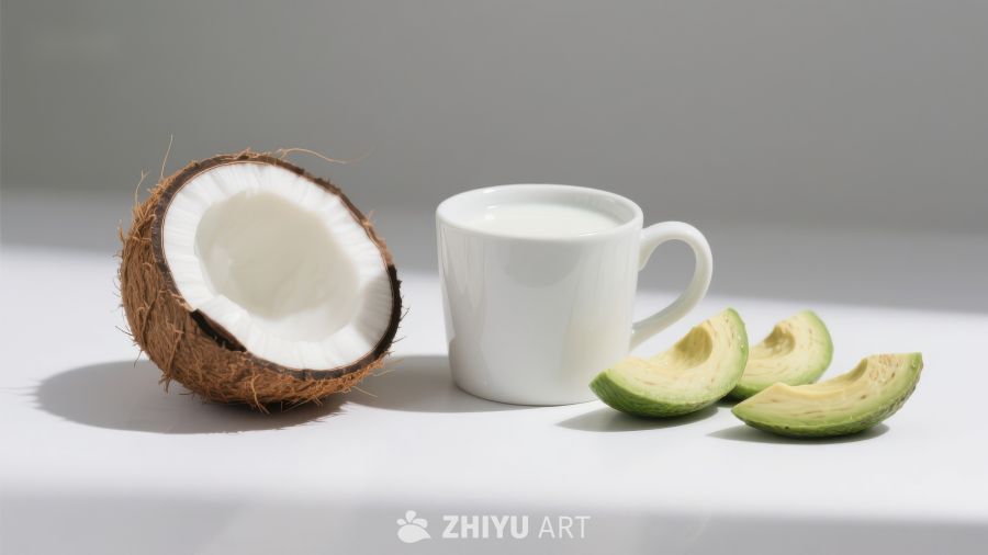 椰子、牛油果与牛奶杯的静物组合