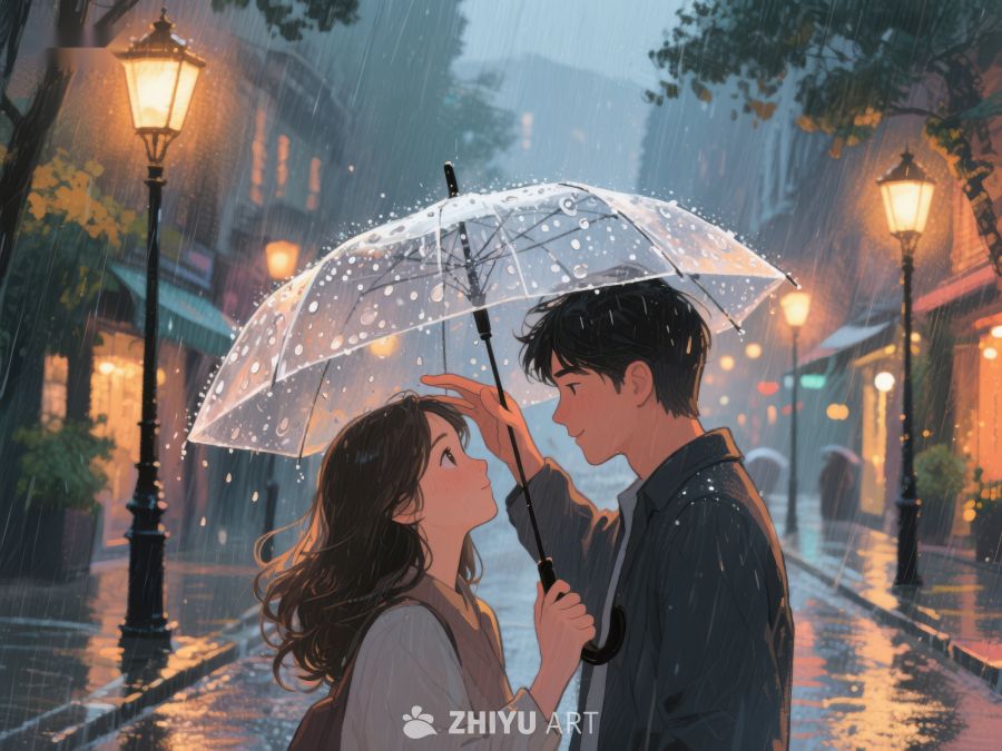 雨夜伞下情侣温馨对视 1146