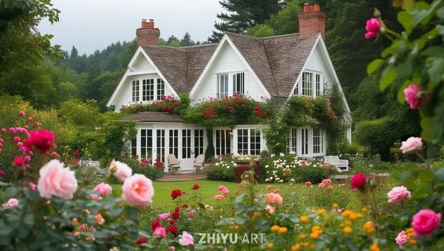 一座三层楼的英式小屋，带有现代风格，有白色法式落地