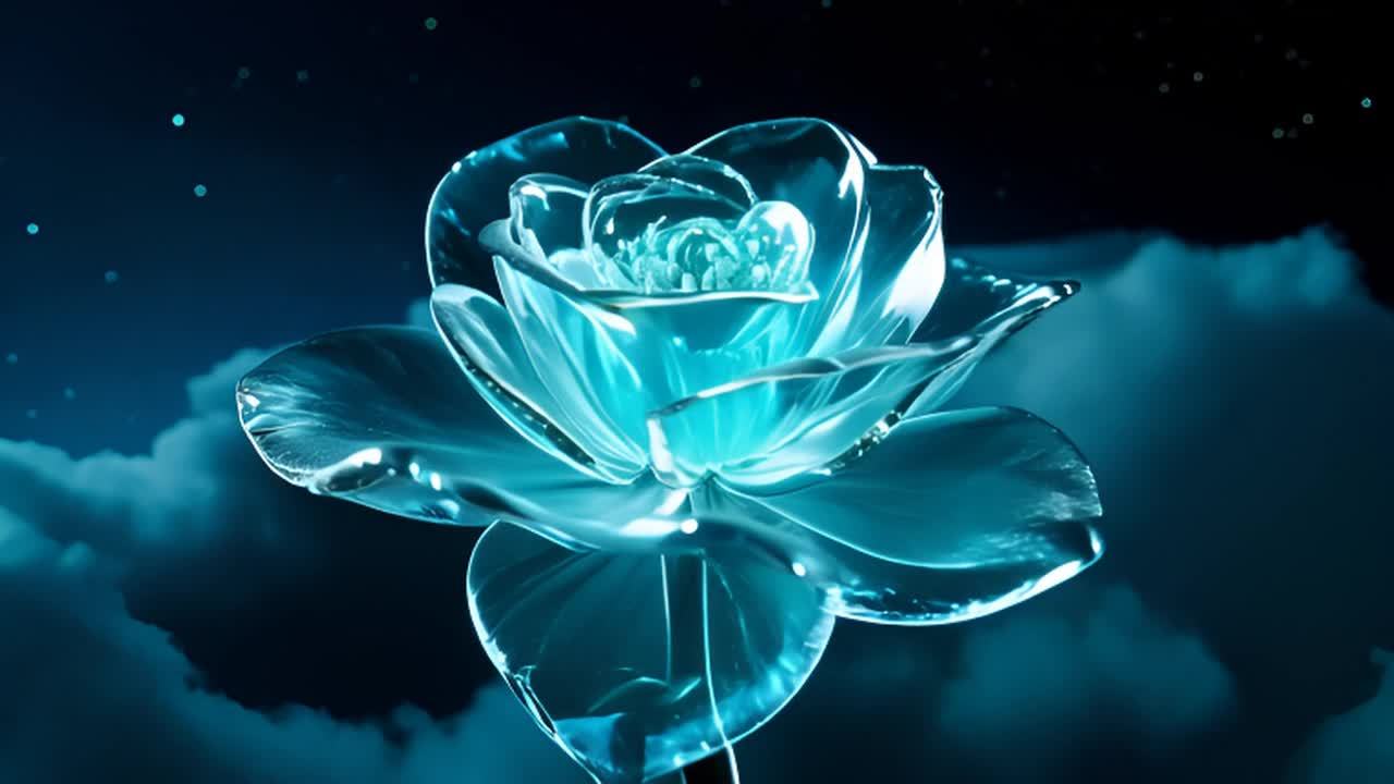 一朵近距离拍摄的玫瑰花，花瓣由透明水晶制成，表面光