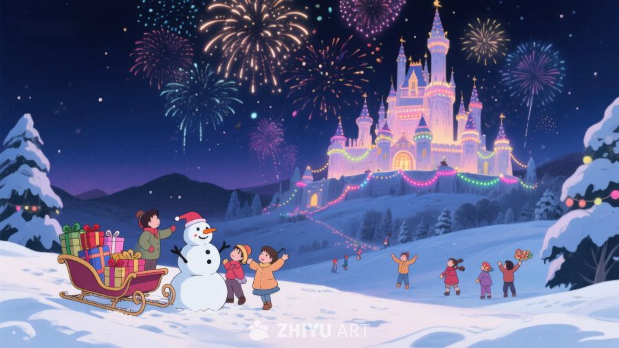 冬夜城堡烟花下的欢乐雪景 25
