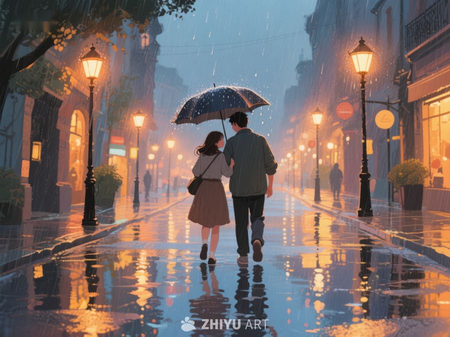 雨夜街头，伞下情侣漫步 1134