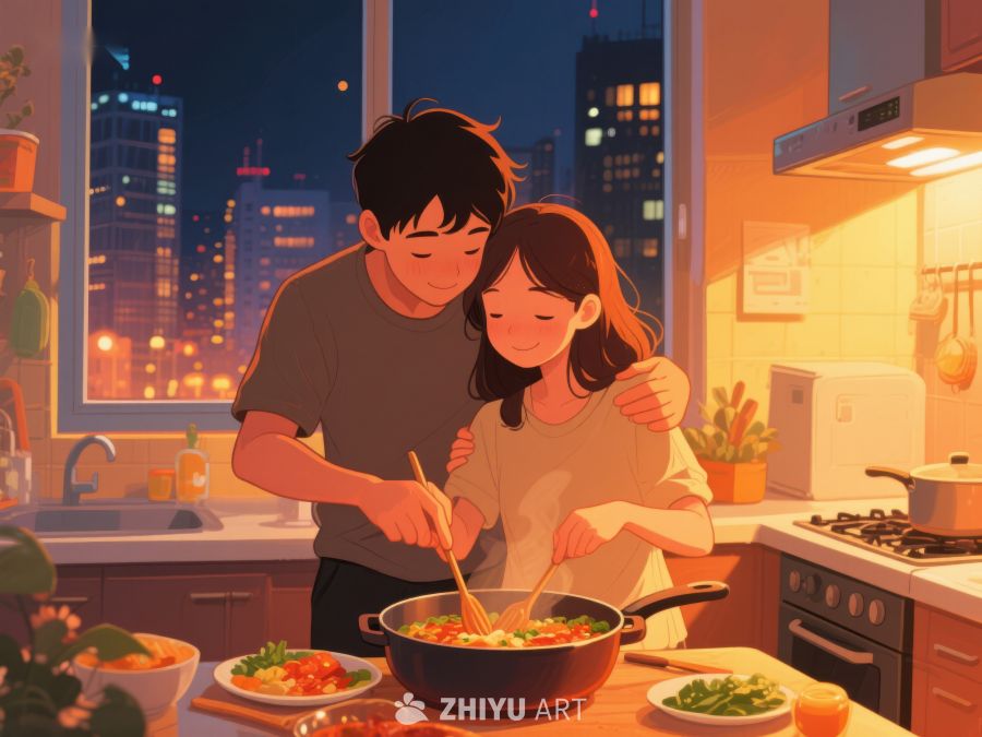 温馨厨房夜景，情侣共煮美食 709