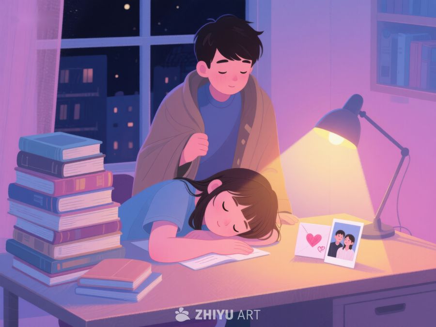 夜深学习疲惫，温馨守护时刻 1072